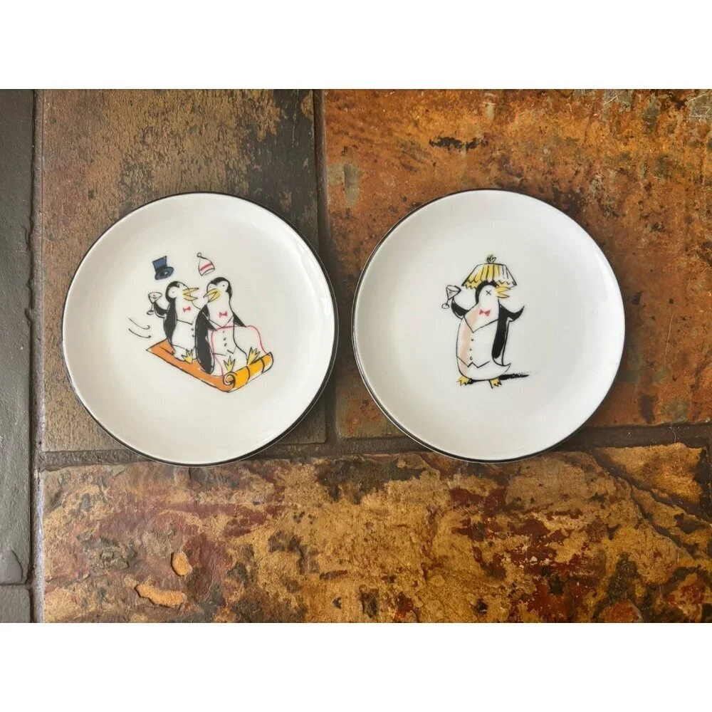 Set of 8 Pottery Barn  Festive Penguins Martinis Coasters Small Plates 4